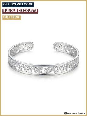 18K White Gold Plated Cuff Bracelet Adjustable Open Bangle Filigree Women